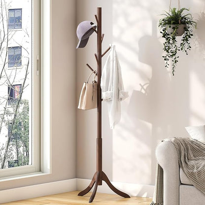 kiplant Bamboo Wood Coat Rack Stand, Freestanding Coat Tree with 8 Hooks, Hallway Entryway Hat Hanger Organizer Standing for Bedroom, Office, Clothes, Jackets, Bags, Umbrallas