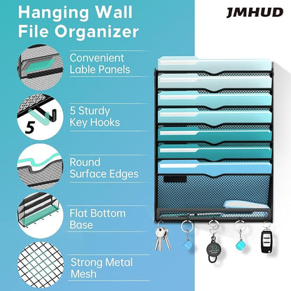 2 Pack 8-Tier Hanging Wall File Organizer with 5 Hooks, Mesh Wall File Holder Vertical Mount Mail Organizer for Papers, Folders, Magazines, Bills, Office and School, Black