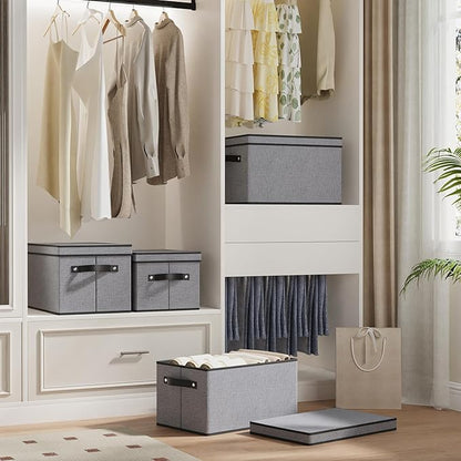 YheenLf Storage Bins with Lids and Handles, Storage Boxes for Organizing Shelves, Decorative Linen Closet Organizers, Gray, 16.5 x 11.8 x 10.2 Inch, 5-Pack