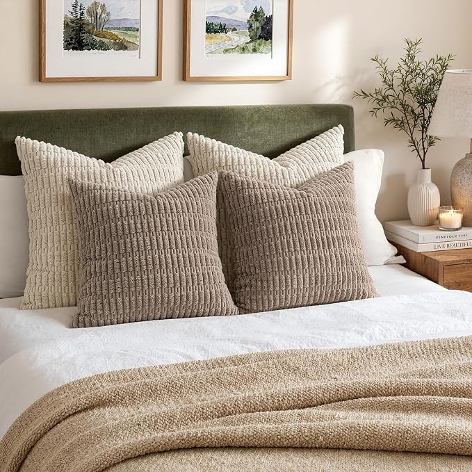 MIULEE Pack of 2 Corduroy Decorative Throw Pillow Covers 16x16 Inch Soft Boho Striped Pillow Covers Modern Farmhouse Home Decor for Sofa Living Room Couch Bed Light Brown