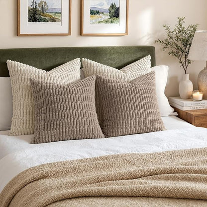 MIULEE Pack of 2 Corduroy Decorative Throw Pillow Covers 12x12 Inch Soft Boho Striped Pillow Covers Modern Farmhouse Home Decor for Sofa Living Room Couch Bed Light Brown