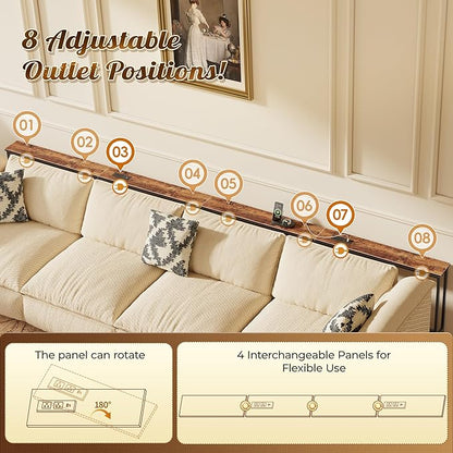 Huuger 141.7 Inch Sofa Table with Power Outlets and USB-C Ports, 5.9 Inch Narrow Entryway Table, Behind Couch Table with Storage, Extra-Long Console Table, Living Room, Rusitc Brown