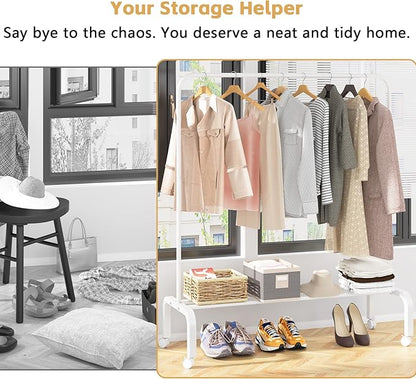 Rolling Clothes Rack Metal Clothing Rack with Wheels Garment Rack with Bottom Shelf for Hanging Clothes Shirts Jeans and Coats White