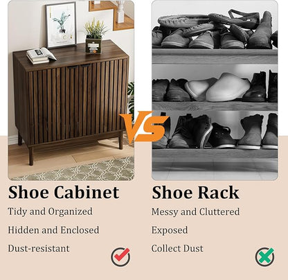 Shoe Cabinet with Slatted Doors, 4-Tier Freestanding Shoe Cabinet Storage for Entryway, Narrow Entryway Shoe Organizer Cabinets with Shelves (Walnut, 31.5" Wide)