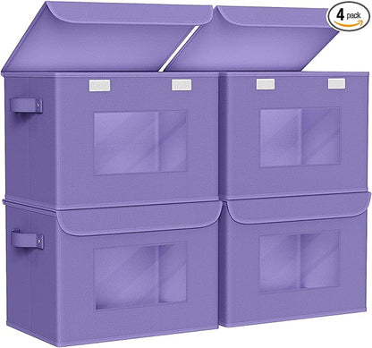 Univivi Storage Bins with Lids [4-Pack] Fabric Lidded Storage Baskets Stackable Closet Storage Bins, Closet Organizers and Storage with Lid & Clear Window for Home, Office, Bedroom (Purple)