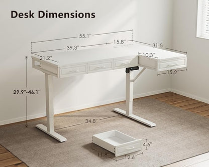 OffiGo L Shaped Electric Standing Desk with Wooden Drawers, 55 Inch Height Adjustable Corner Workstation with Power Outlets, Sit Stand Table for Home, Office, White