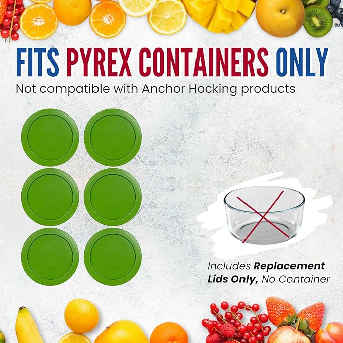 Replacement Lids fits Pyrex 4-Cup Glass Food Storage Container Bowls, 6-Inch Plastic Round Lids Covers for Pyrex 7201-PC, Airtight & Leakproof (6-Pack, Green)