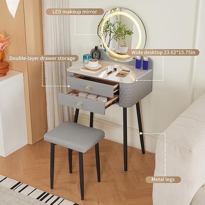 Makeup Vanity with Round Mirror,Light,Two Drawers,Cushioned Stool Set.Small Dressing Table for bedrooms and Dressing Rooms.Grey