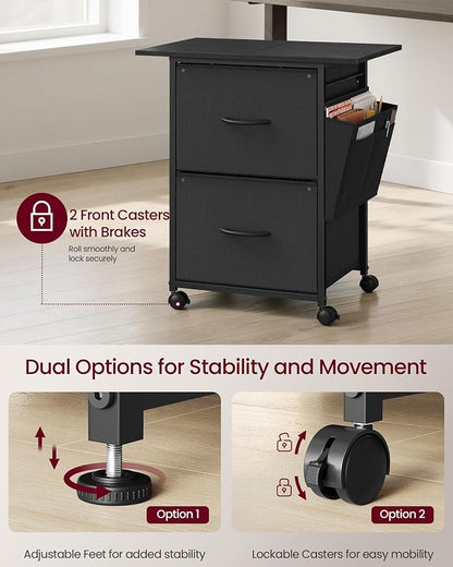 VASAGLE 2-Drawer File Cabinet, Mobile Printer Stand with Storage, Filing Cabinet for A4 Letter Size, Side Pockets, 23.6 x 15.7 x 26.8 Inch, Ink Black, Bellah Collection UOFC202BC01