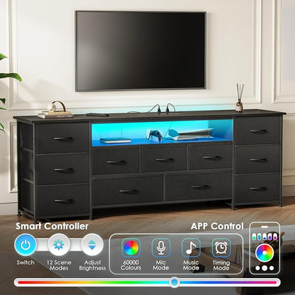 Huuger 63 Inch TV Stand for 65, 70 Inch TV, 11 Drawer Long Dresser with Power Outlets and LED Lights, Entertainment Center with Storage, Black Dresser with PU Leather Surface