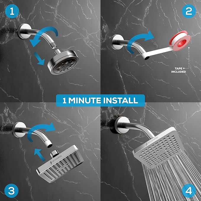 SparkPod Rain Shower Head, 6 Inch Square | High Pressure Shower Heads, 90 Nozzle (Touch-to-Clean), Adjustable Showerhead, No-tool Universal Connection