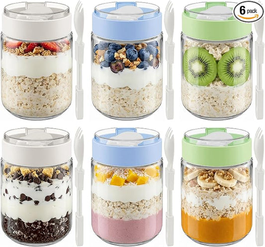 Vtopmart 6 Pack 16 oz Overnight Oats Containers with Lids and Folding Spoons Stored in Lid, Airtight Leakproof, Glass Jars for Overnight Oats, Yogurt, Fruit, Chia Pudding, Meal Prep