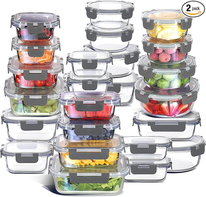 Nestl 48pc Glass Storage Containers with Lids, 24 Glass Food Storage Containers with 24 Airtight Lids for Pantry & Kitchen, Meal Prep Containers for Lunch, Oven Microwave & Dishwasher Safe, Gray