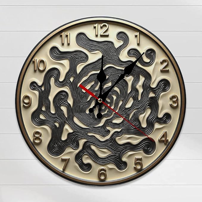 Wall Clock, Abstract Non Ticking Wall Clocks Battery Operated, Golden Wooden Wall Clocks for Kitchen, Living Room, Bedroom, Office, Bathroom Decorative 10 Inch