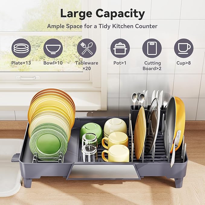 Urackify Large Dish Drying Rack - Expandable Dish Rack for Kitchen Counter, Multifunctional Dish Drainer with Drainboard & Utensil Holder, Anti-Rust, Fits Any Sink, Extendable 16.3" to 23.6" L, Gray