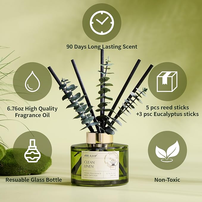 Airkeep Reed Diffuser Set with 6.76 fl oz Clean Linen Scent Essential Oils and 3 Leaves & 8 Diffuser Sticks,Bathroom Shelf Decor & Air Freshener, House Bedroom Office Decor & Gifts