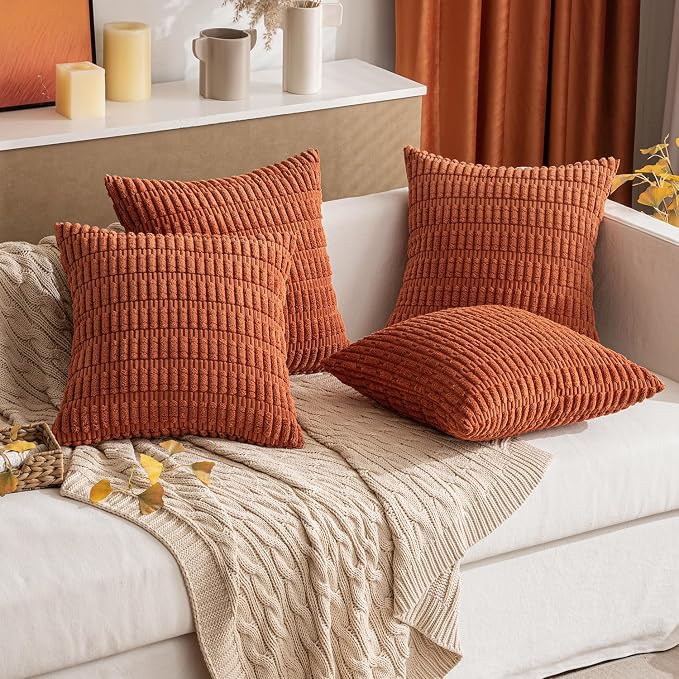 MIULEE Pack of 2 Dark Rust Corduroy Decorative Euro Sham Pillow Covers 22x22 Inch Soft Boho Striped Throw Pillow Covers Modern Farmhouse Home Decor for Summer Sofa Living Room Couch Bed