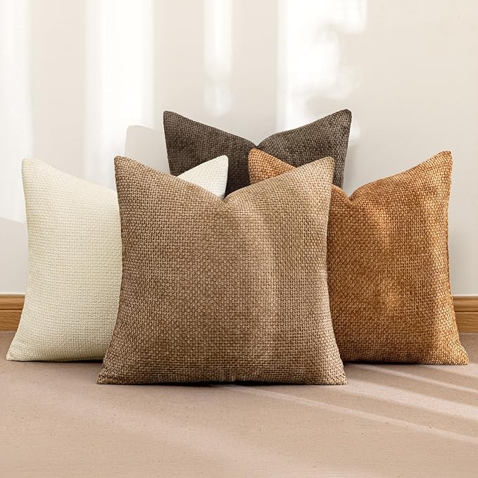 MIULEE Pack of 4 Brown Couch Throw Pillow Covers 16x16 Inch Soft Decorative Chenille Pillows Farmhouse Accent Cushions for Boho Home Decor Spring Sofa Bedroom Living Room