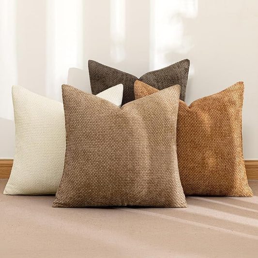 MIULEE Pack of 4 Brown Couch Throw Pillow Covers 16x16 Inch Soft Decorative Chenille Pillows Farmhouse Accent Cushions for Boho Home Decor Spring Sofa Bedroom Living Room