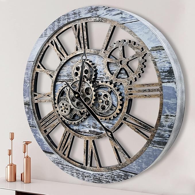 The B-Style Large Wall Clock 24 inch Moving Gear Wall Clock Oversized Vintage Farmhouse Wall Clocks for Living Room Decor Rustic Industrial Wood Clock (Aqua Green)