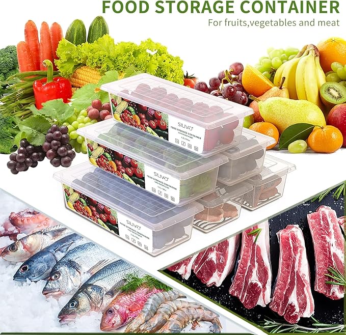 SILIVO Fruit Storage Containers for Fridge (3 Pack) - 1.5L Produce Saver Containers for Refrigerator with Removable Drain Tray Keep Fresh for Produce, Bacon, Fruits and Vegetables