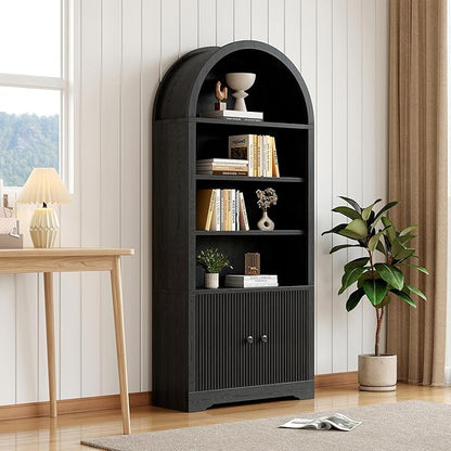 70" Arched Bookcase with Storage, 6 Tier Bookshelf with Door, Freestanding Display Storage Cabinet Farmhouse Storage Shelves for Living Room,Bedroom Home Office,Black Oak-2