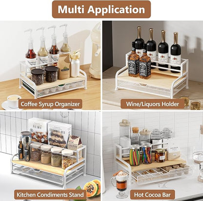 Coffee Syrup Rack Organizer, 3-Tier 8 Bottles Syrup Rack with 35 K Cup Storage Basket for Coffee Bar, Countertop Bottle Holder Stand for Wine, Dressing for Kitchen Cafe Station- White