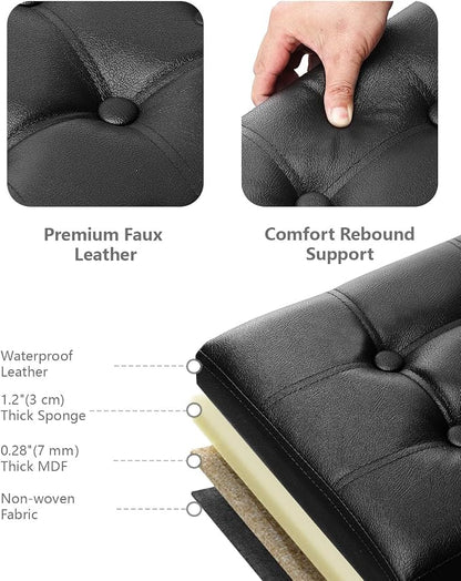 AmasSmile Footrest Ottoman Bench with Storage,34Inch Black Leather Footstool, Coffee Table, Padded Seat, Storage Chest,Blanket Store with Flipping Lid for Livingroom and Bedroom