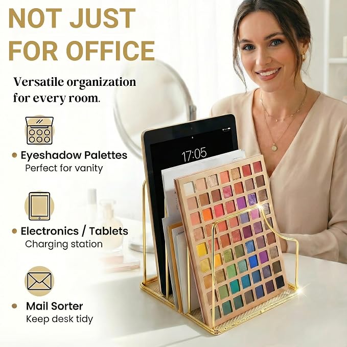 2-Pack Gold Metal File Organizer with Mesh Bottom - Vertical Magazine, Mail & Paper Sorter - 3-Slot Wire Rack for Office, Binders, Makeup Palettes - Aesthetic Desk Organizer
