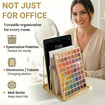 2-Pack Gold Metal File Organizer with Mesh Bottom - Vertical Magazine, Mail & Paper Sorter - 3-Slot Wire Rack for Office, Binders, Makeup Palettes - Aesthetic Desk Organizer