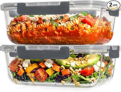 Razab 2 Pcs 1860ml / 63 Oz Large Glass Food Storage Containers with Lids - Glass Meal Prep Containers with Locking Lids for Roasting, Storing Leftover, Lunch Container, BPA Free, Microwave & Oven Safe