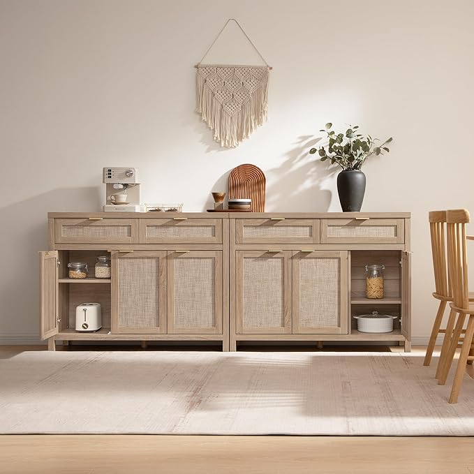 SICOTAS Rattan Sideboard Buffet Cabinet with Storage, Boho Credenza Accent Cabinet with 3 Doors and 2 Drawers, Farmhouse Console Coffee Bar for Kitchen Living Room Entryway, Light Oak, 2 PCS