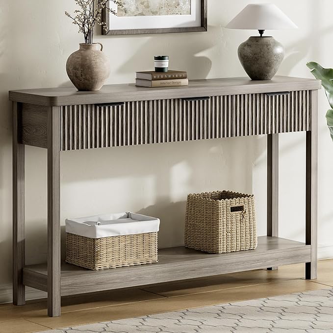 Lulive 51" Fluted Console Table for Entryway, Wooden Entryway Table with 3 Wooden Drawers, Farmhouse Behind Sofa Table for Living Room, Hallway, Couch, Foyer
