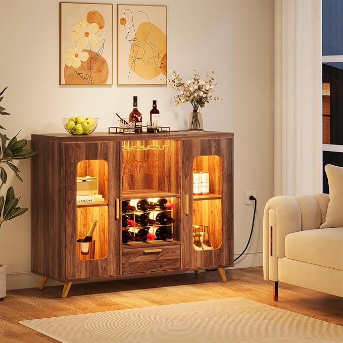 Bar Cabinet with Power Outlets, Modern Coffee Bar Sideboard with LED Light, Farmhouse Liquor Cabinet with Wine Rack, Glass Holder & Wine Storage, Walnut