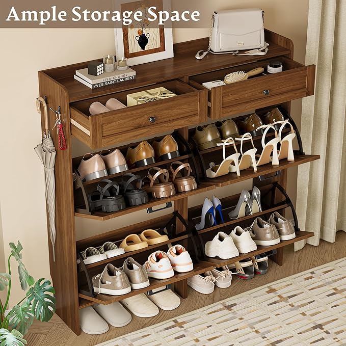 Shoe Storage Cabinet for Entryway, Farmhouse Wide Shoe Cabinet with 4 Flip Drawers and 2 Top Drawers, Freestanding Organizer with Adjustable Shelves, Hooks, and Anti-Tip Kit for Hallway