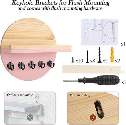 Pink Key Holder for Wall with Shelf - Wood Mail Organizer and Rack with Shelf Hooks Wall Mounted for Entryway Decor Magazines Letter Storage Farmhouse Living Room Bedroom Doorway