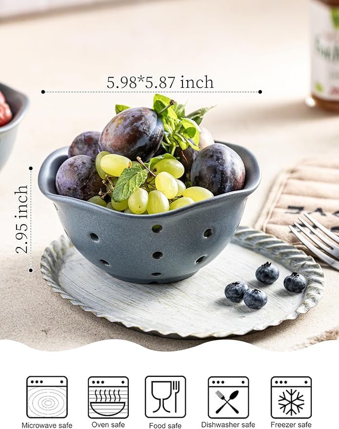 Gomakren Ceramic Berry Basket Set of 2, Elegant Fruit Basket Container 6 Inch, Fruit Bowl with Holes for Kitchen Counter, Berries, Strawberry, Grape, Cherry, Floral Shape - Slate Blue