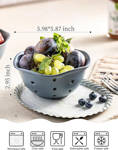 Gomakren Ceramic Berry Basket Set of 2, Elegant Fruit Basket Container 6 Inch, Fruit Bowl with Holes for Kitchen Counter, Berries, Strawberry, Grape, Cherry, Floral Shape - Slate Blue