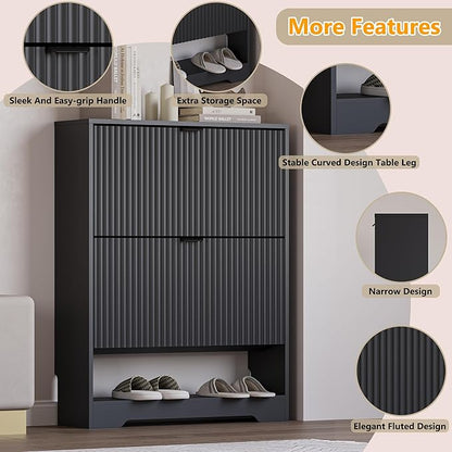 Shoe Cabinet with 2 Flip Drawers, Fluted Shoe Storage Cabinet with Adjustable Shelves, Freestanding Rack and Organizer for Entryway, Closet, Hallway
