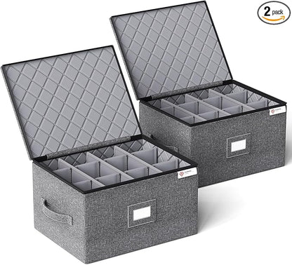 YearningHome 2 Pack Wine Glass Storage Box with Dividers,Stemware Storage Cases with Sturdy Handle and Hard Shell for Glassware Crystal Storage,Transport and Moving,Holds 12,Grey