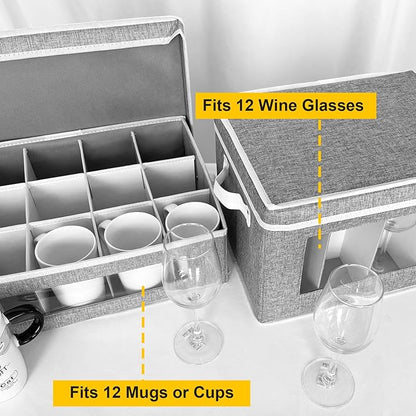homyfort Mug and Wine Glass Storage Box with Dividers, Stemware Storage Cases and Coffee Cup Storage Organizer, China Crystal Storage Containers Hard Shell for Glassware Protection and Moving (Grey)