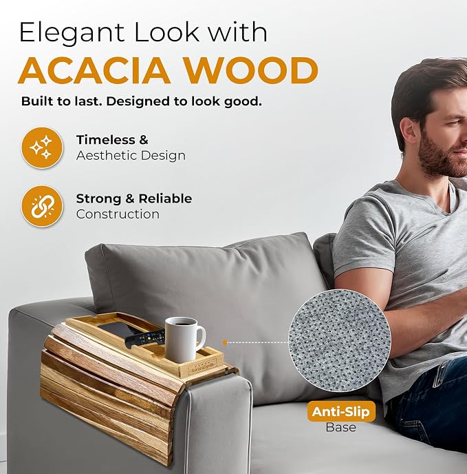 Couch Cup Holder Tray With 2 Cork Coasters, Couch Arm Tray, 2 In 1 Anti-Slip Foldable Sofa Arm Tray, Couch Armrest Table, Anti-Spill Couch Arm Table for Drinks TV Remote Cellphone Snacks (Acacia Wood)