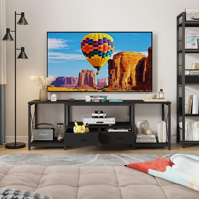 GYIIYUO TV Stand with Fabric Drawers - Entertainment Center and Industrial TV Console Table with Open Storage Shelves for Living Room, Bedroom - 55.1" Black