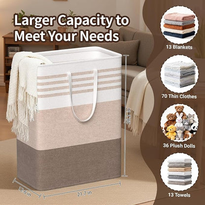 WOWBOX 2 Pack Laundry Baskets, Laundry Hampers, Freestanding Dirty Clothes Hampers with Reinforced Handles & Cross Stitch & Waterproof Coating, for Laundry Bedroom Bathroom Dorm,125L Khaki
