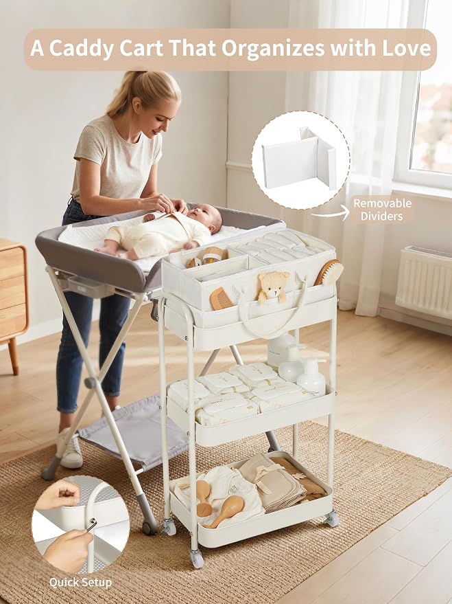 Fortella Baby Diaper Caddy, 3 Tier Rolling Storage Cart for Baby Essentials, Diaper Cart with Detachable Dividers, Storage Organizer & Baby Bottle Organizer for Bedroom, Living Room (Beige)