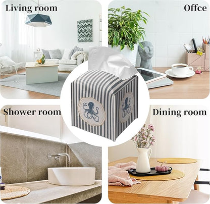 Grace Yonks Cute Octopus Tissue Box Cover Square, Striped Cube Case for Facial Tissues, 5.2" PU Leather(066)