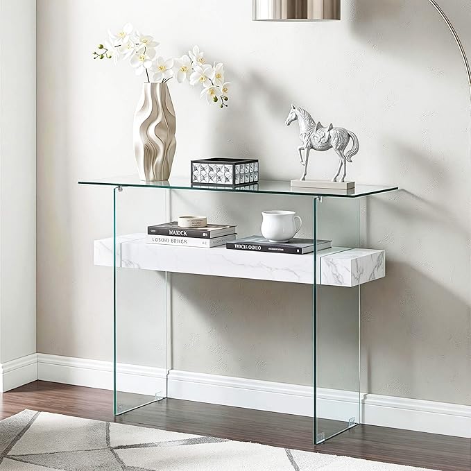 ivinta Glass Entry Table with Storage, 39.4" Modern Console Table for Living Room, Foyer, Hallway, Bedroom 5101 (White)