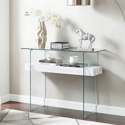 ivinta Glass Entry Table with Storage, 39.4" Modern Console Table for Living Room, Foyer, Hallway, Bedroom 5101 (White)