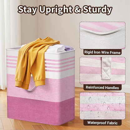 WOWBOX 2 Pack Laundry Baskets, Laundry Hampers, Freestanding Dirty Clothes Hampers with Reinforced Handles & Cross Stitch & Waterproof Coating, for Laundry Bedroom Bathroom Dorm,100L Pink
