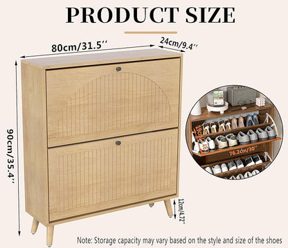 Shoe Storage Cabinet for Entryway with 2 Flip Drawers, Narrow Wood Shoe Cabinet with Fluted Panel, Freestanding Hidden Shoe Organizer for Foyer, Hallway (Wood Color)